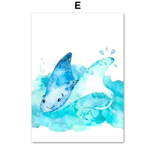 Toile impression d'art Aquarelle Animaux Marins pour Chambre d'Enfants - Couleurs Lagon