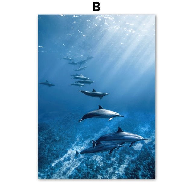 Toile impression d'art Dauphin Baleine bleu Corail - Couleurs Lagon