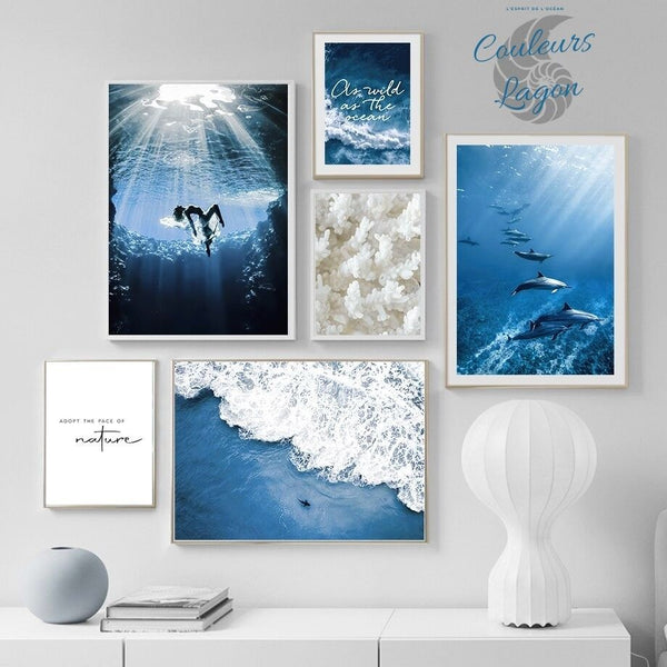 Toile impression d'art Dauphin Baleine bleu Corail - Couleurs Lagon