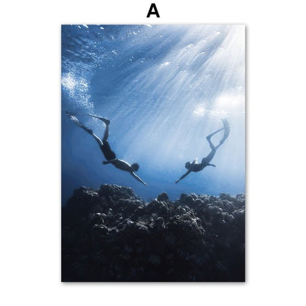 plongeurs - Toile impression d'art Pierre blanche Baleine bleu Requin PMT - Couleurs Lagon