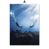 plongeurs - Toile impression d'art Pierre blanche Baleine bleu Requin PMT - Couleurs Lagon