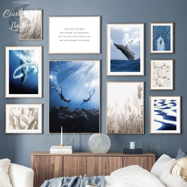 coin lecture - Toile impression d'art Pierre blanche Baleine bleu Requin PMT - Couleurs Lagon