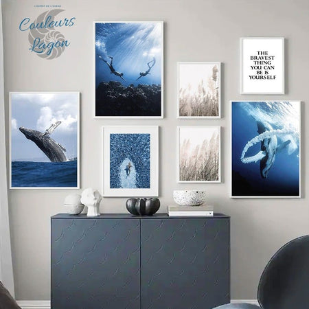 compo salon - Toile impression d'art Pierre blanche Baleine bleu Requin PMT - Couleurs Lagon