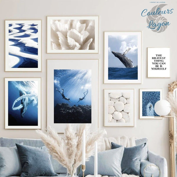 canape - Toile impression d'art Pierre blanche Baleine bleu Requin PMT - Couleurs Lagon