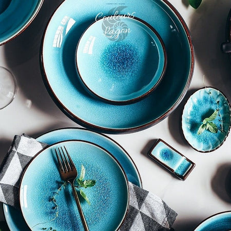 Vaisselle en porcelaine céramique Glaçage Craquelé BLEU LAGON - Couleurs Lagon