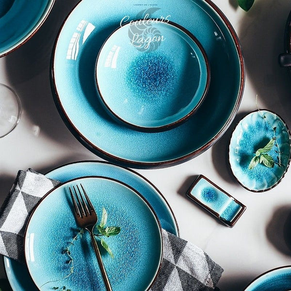Vaisselle en porcelaine céramique Glaçage Craquelé BLEU LAGON - Couleurs Lagon