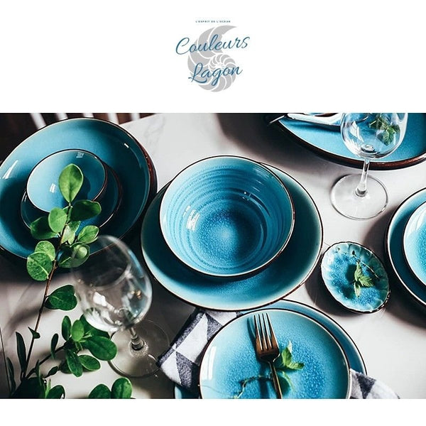 Vaisselle en porcelaine céramique Glaçage Craquelé BLEU LAGON - Couleurs Lagon - bol sur assiette creuse