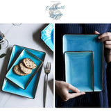 Vaisselle en porcelaine céramique Glaçage Craquelé BLEU LAGON - Couleurs Lagon - présentation plats rectangulaires
