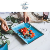 Vaisselle en porcelaine céramique Glaçage Craquelé BLEU LAGON - Couleurs Lagon - plat rectagulaire tomates