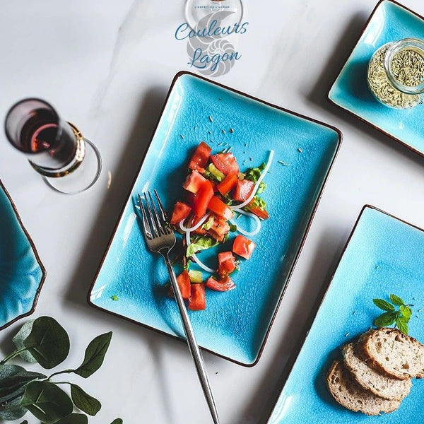 Vaisselle en porcelaine céramique Glaçage Craquelé BLEU LAGON - Couleurs Lagon - plats carrésé