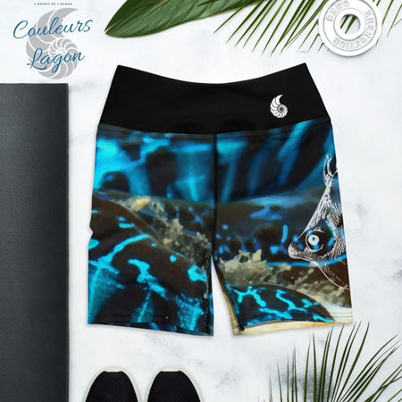 Yoga Short Taille Haute Bleu Bénitier FISH 1 poche - Couleurs Lagon