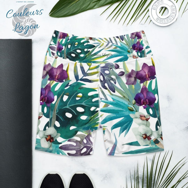 Yoga Shorts PF2-2 FLORAL 1 poche taille haute florale - Couleurs Lagon