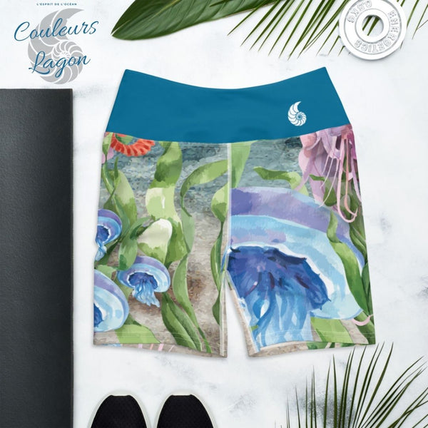 Yoga Shorts PM1.1 ALGUES SABLE & MEDUSES ceinture bleu cobalt - Couleurs Lagon