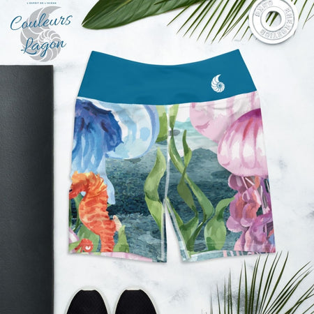 Yoga Shorts PM1.2 ALGUES MEDUSES & HIPPOCAMPE ceinture bleu cobalt - Couleurs Lagon