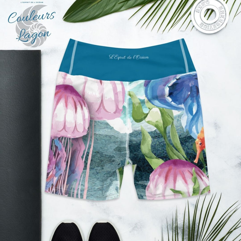 Yoga Shorts PM1.2 ALGUES MEDUSES & HIPPOCAMPE ceinture bleu cobalt - Couleurs Lagon