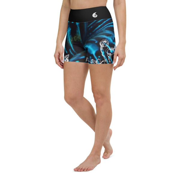 Yoga Shorts Taille Haute Bleu Bénitier 2 CORAL - 1 poche ceinture noire - Couleurs Lagon