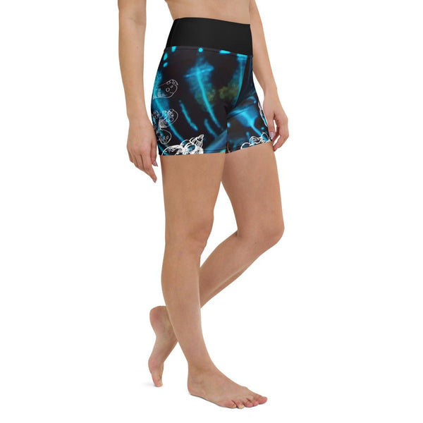 Yoga Shorts Taille Haute Bleu Bénitier 2 CORAL - 1 poche ceinture noire - Couleurs Lagon