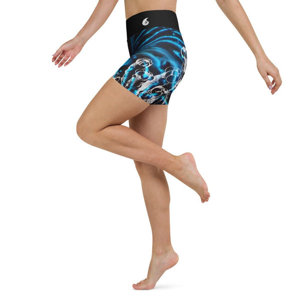 Yoga Shorts Taille Haute Bleu Bénitier 2 CORAL - 1 poche ceinture noire - Couleurs Lagon