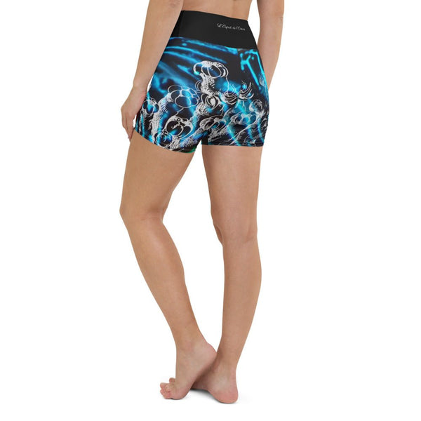 Yoga Shorts Taille Haute Bleu Bénitier 2 CORAL - 1 poche ceinture noire - Couleurs Lagon