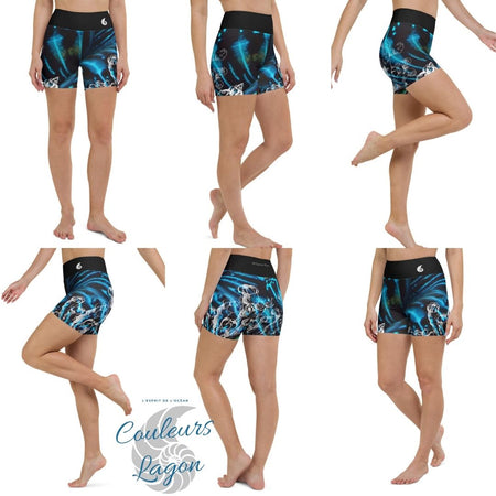 Yoga Shorts Taille Haute Bleu Bénitier 2 CORAL - 1 poche ceinture noire - Couleurs Lagon
