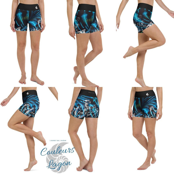 Yoga Shorts Taille Haute Bleu Bénitier 2 CORAL - 1 poche ceinture noire - Couleurs Lagon