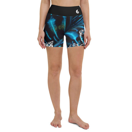 Yoga Shorts Taille Haute Bleu Bénitier 2 CORAL - 1 poche ceinture noire - Couleurs Lagon