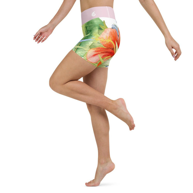 Yoga Shorts Taille Haute FLORAL - 1 poche ceinture rose - Couleurs Lagon