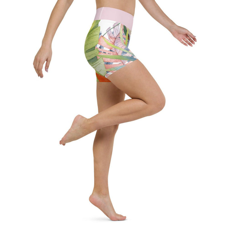 Yoga Shorts Taille Haute FLORAL - 1 poche ceinture rose - Couleurs Lagon