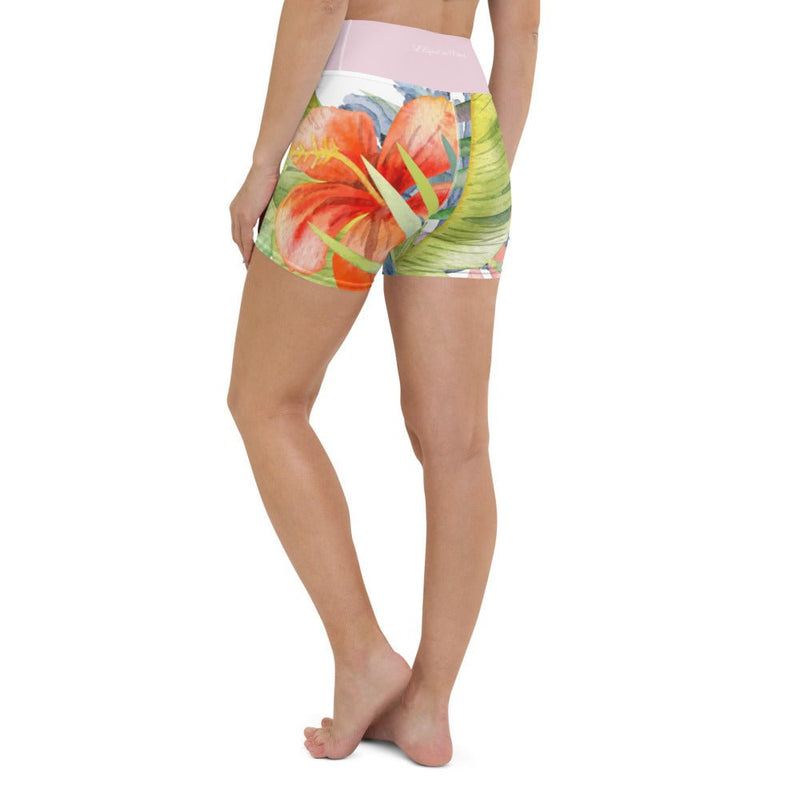Yoga Shorts Taille Haute FLORAL - 1 poche ceinture rose - Couleurs Lagon