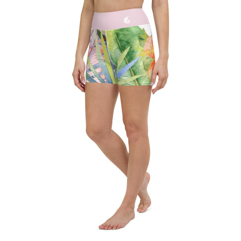 Yoga Shorts Taille Haute FLORAL - 1 poche ceinture rose - Couleurs Lagon
