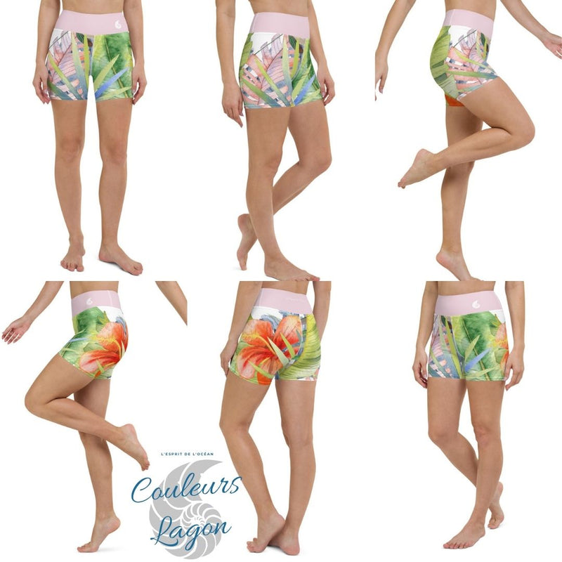 Yoga Shorts Taille Haute FLORAL - 1 poche ceinture rose - Couleurs Lagon