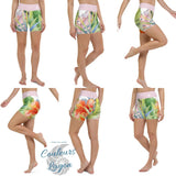 Yoga Shorts Taille Haute FLORAL - 1 poche ceinture rose - Couleurs Lagon