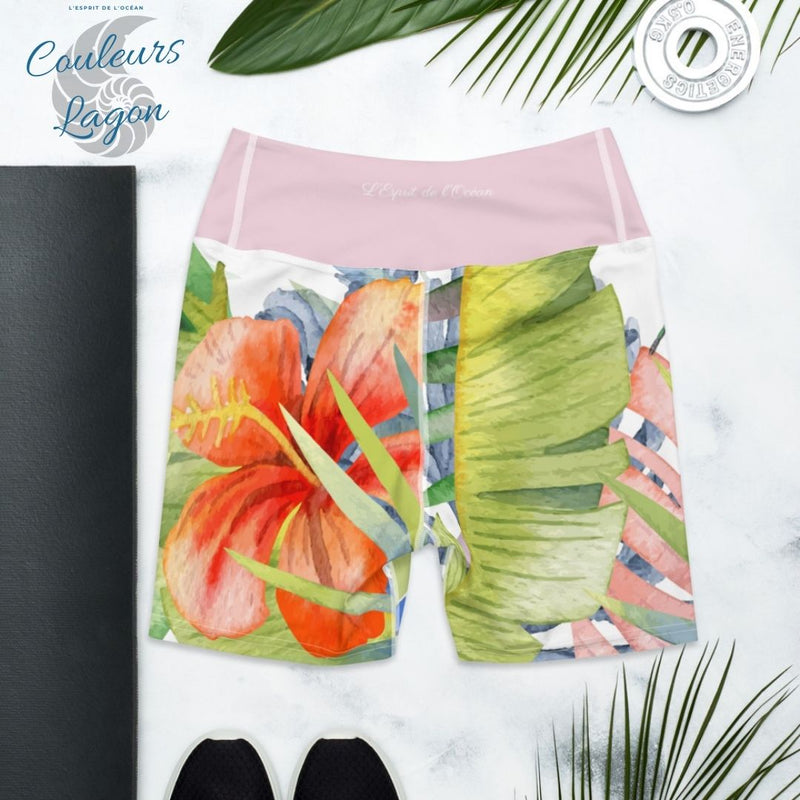 Yoga Shorts Taille Haute FLORAL - 1 poche ceinture rose - Couleurs Lagon
