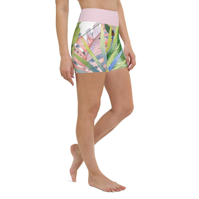 Yoga Shorts Taille Haute FLORAL - 1 poche ceinture rose - Couleurs Lagon