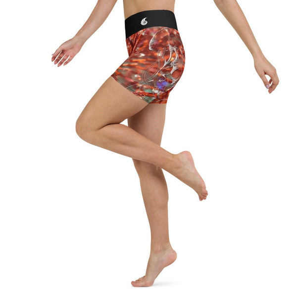 Yoga Shorts Taille Haute Gorgones Rouge DRAGON FISH 1 poche ceinture noire - Couleurs Lagon