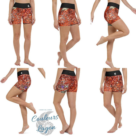 Yoga Shorts Taille Haute Gorgones Rouge DRAGON FISH 1 poche ceinture noire - Couleurs Lagon