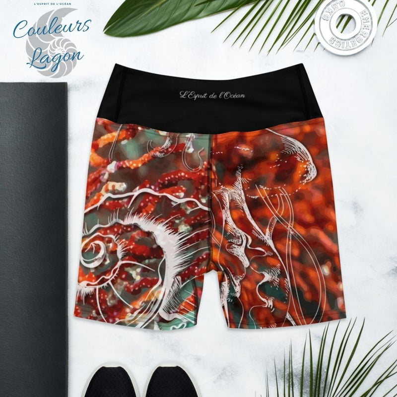 Yoga Shorts Taille Haute Gorgones Rouge NAUTILE 1 poche ceinture noire - Couleurs Lagon