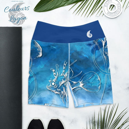 Yoga Shorts Taille Haute TIE DYE DRAGONFLY & JELLYFISH - 1 poche ceinture bleu outremer - Couleurs Lagon