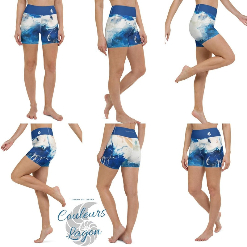Yoga Shorts Taille Haute TIE DYE OCEAN - 1 poche ceinture bleu outremer - Couleurs Lagon