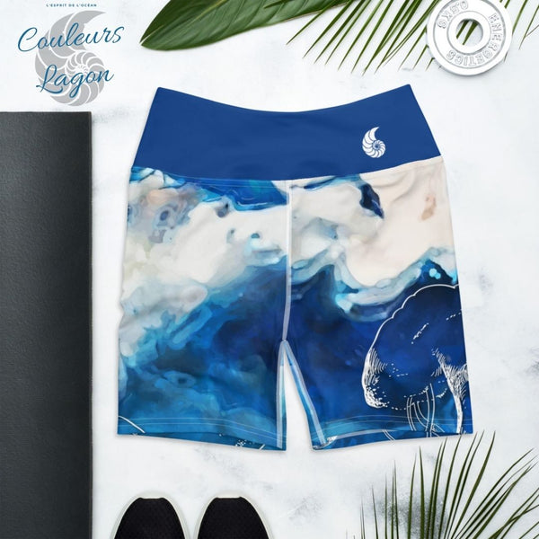 Yoga Shorts Taille Haute TIE DYE OCEAN - 1 poche ceinture bleu outremer - Couleurs Lagon