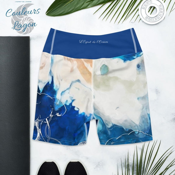 Yoga Shorts Taille Haute TIE DYE OCEAN - 1 poche ceinture bleu outremer - Couleurs Lagon